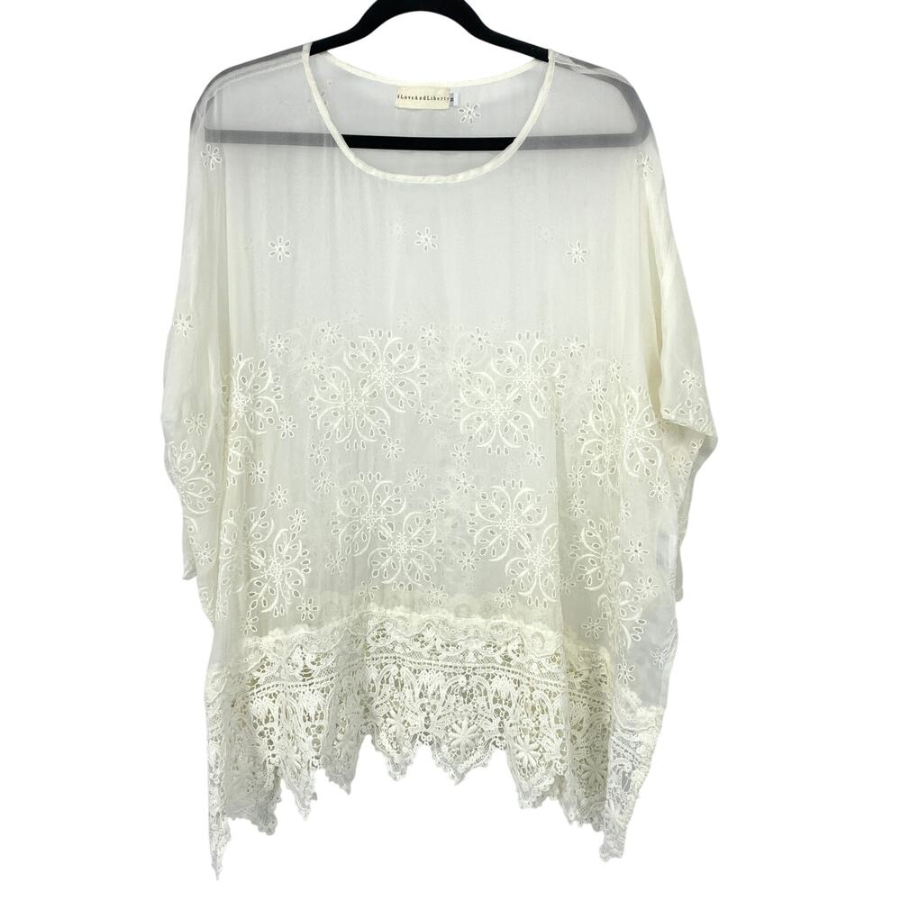 Johnny Was LoveAndLiberty Top M White Sheer Floral Eyelet Embroidery Oversized